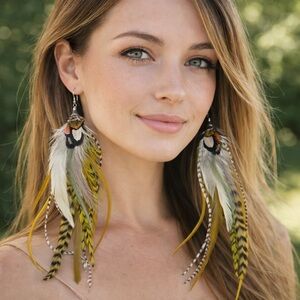 Long Feather Earrings Olive Green Southwestern Boho Handcrafted Artisan Handmade